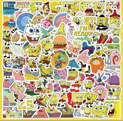 Square Sponge Cartoon Stickers 50pk Assorted Characters Sponge Fun FREE SHIPPING - Image 1 of 4