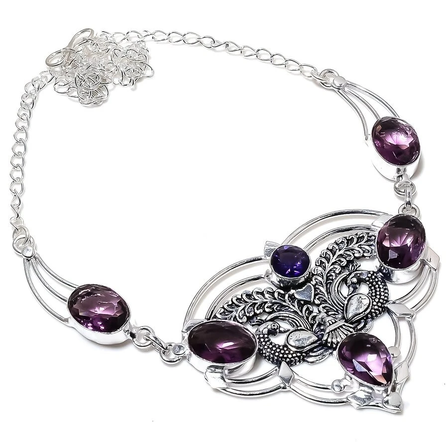 Collar de joyería de plata de ley 925 hecho a mano con piedras preciosas de amatista púrpura tamaño 18" Foto 1 de 1