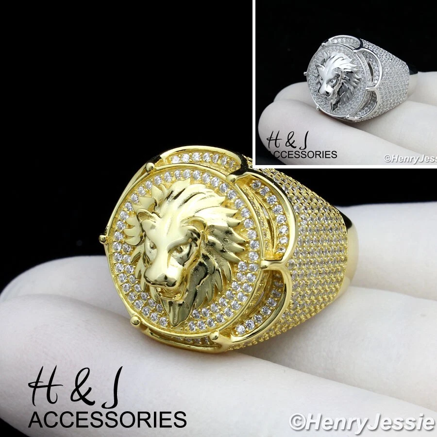 ANILLO REDONDO CABEZA REY LEÓN CHAPADO EN ORO CIRCONITA CÚBICA 925 PLATA ESTERLINA BLING*ASR243 Foto 1 de 1