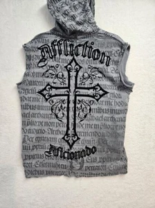 Rare Affliction Sleeveless Full Zip Up Hoodie Mens Sz S Y2K Biker Punk Rock - Picture 1 of 12