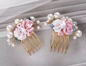 Set Of 2 Bridal Bridesmaid Flowergirl Pink & White Ceramic Rose Hair Combs - Picture 1 of 1