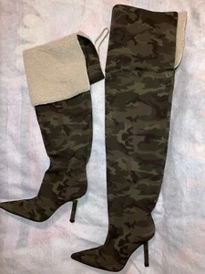 Good American Boots 8 Green Camo Over The Knee Sherpa Pointed Toe Stiletto - Picture 1 of 4