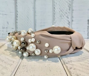 Decorative Faux Pearl Beaded Top Knot Headband Taupe Fashionable Hair Accessory - Picture 1 of 6