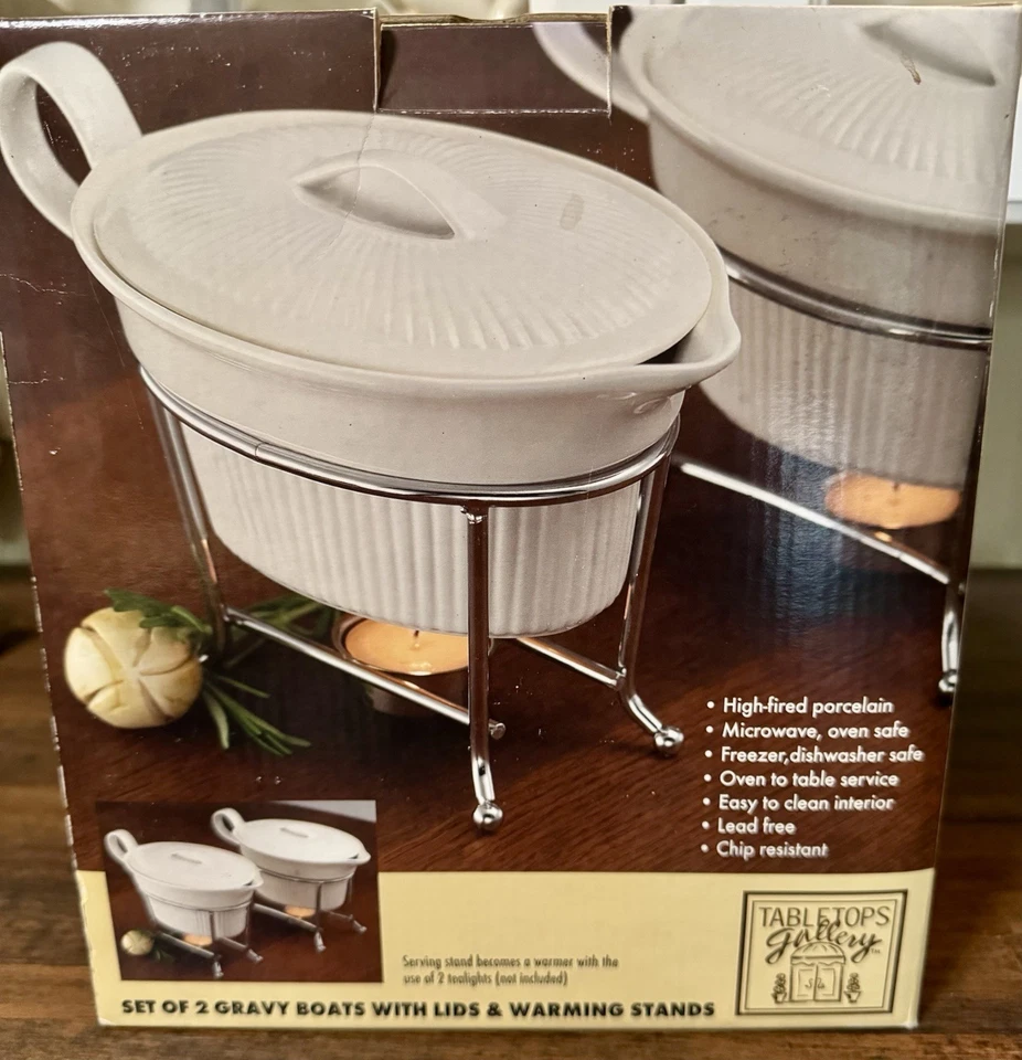 NIB Tabletops Gallery Porcelain Gravy Boat With Stand Set Of 2 - Image 1 of 4