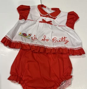 Vtg 1960s Cradle Togs Red White Baby Dress & Bloomer SET Embroidered 3-6 Mos - Picture 1 of 5