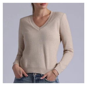 Maglione pullover scollo a V Minnie Rose 100% cashmere panna marrone donna dalla XS alla PICCOLA - Foto 1 di 16