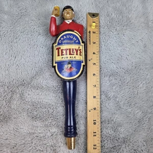 VTG Beer Tap Handle Tetley's Pub Ale Red Jockey Holding Pint Draught Smoothflow - Picture 1 of 6