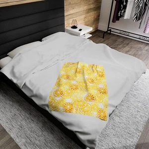 Lemon Pattern Yellow Zest Velveteen Plush Blanket - Picture 1 of 13