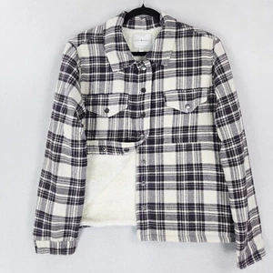 Lucky Brand Jacket Women Medium Gray Off White Plaid Sherpa Lined Shacket Casual - Picture 1 of 12