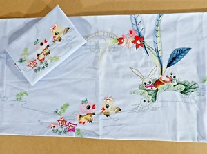 Vintage Embroidered Bunnies & Birds Flat Crib Sheet & Pillowcase 59" x 35.5" - Picture 1 of 11