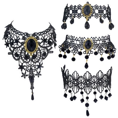 4pcs Women Gothic Retro Black Lace Wide Choker Victorian Vintage Collar Necklace - Image 1 of 4