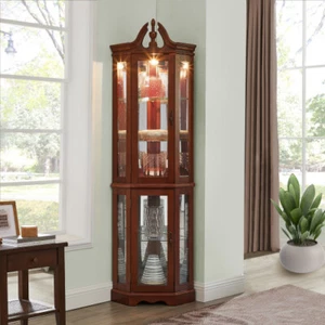 Wooden Curio Lighted Corner Cabinet w/Doors & Adjustable Tempered Glass Shelves - Picture 1 of 10