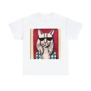 Vintage Style Cat Art T Shirt Unisex Heavy Cotton Tee Pet Lover Hipster NEW - Picture 1 of 25