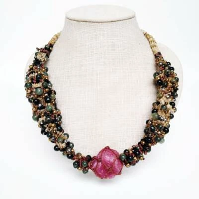 Naturalr Stone Necklace jade Beads and ruby Thailand Handmade - Image 1 of 4