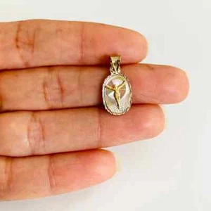 14K Solid Gold Jesus Christ Cross Pendant- 20mm x 10mm 3T Gold Oval Medal- PT338 - Picture 1 of 8