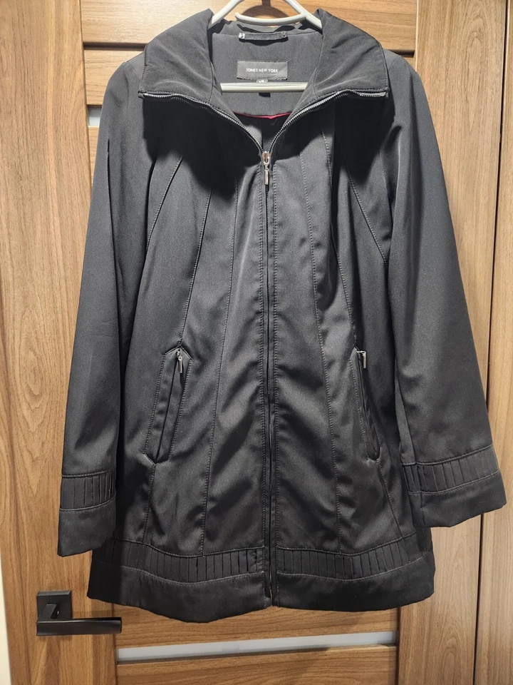 Jones New York Mujer MED Abrigo Chaqueta Negro Largo Cremallera Bolsillos Cuello Alto Forrado Foto 1 de 4