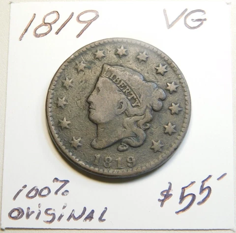 1819 SMALL DATE! EARLY CORONET HEAD LARGE CENT - 100% ORIGINAL V.G.!!!!!!!!!!!!! Cover