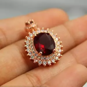 ROSE GOLD FINISH Red Ruby Oval Cut Cluster Created Diamond Pendant - Picture 1 of 4