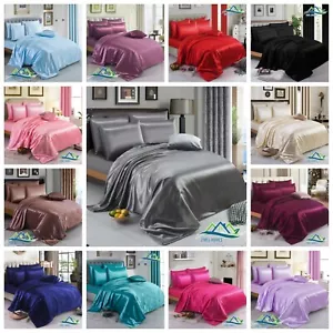 6PCS SATIN SILK ✔ COMPLETE BEDDING SET ✔ DUVET COVER FITTED SHEET 4 PILLOW CASES - Picture 1 of 74