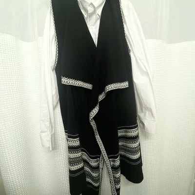 Attitudes By Renee Woman’s Long Sweater Vest Open Drape Front Black/White 2x - Image 1 of 4