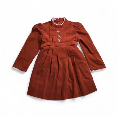 Vestido vintage rojo para niñas bordado manga encaje ribete plisado hecho a mano Foto 1 de 4