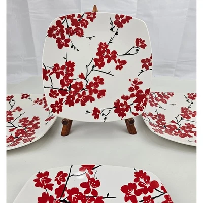 222 Fifth Mia Blossom Red Square Dinner Plates Fine China Floral - Image 1 of 4