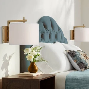 Adair Modern Wall Lamps Set of 2 Brass Plug-In 12" Fixture Linen Shade Bedroom - Picture 1 of 8