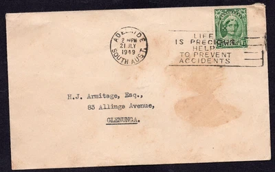 21 JLY 1949 ADELAIDE, S.A. postmark with Elizabeth 1½d PERFIN stamp on cover - Image 1 of 4