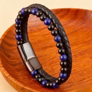 Natural Obsidian Lapis Lazuli Stone Bracelet Leather Braided Bangle Gift for Him - Picture 1 of 4