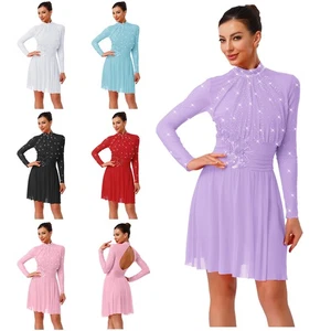 Womens Dress Skirted Dancewear Hollow Dresses Long Sleeve Lyrical Jazz Dance - Picture 1 of 81