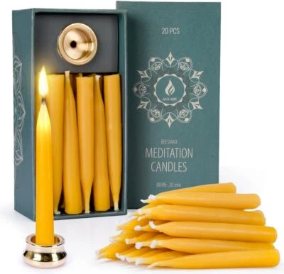20 Minute Pure Beeswax Candles, Dripless Meditation 20PCS & Brass holder  - Image 1 of 4