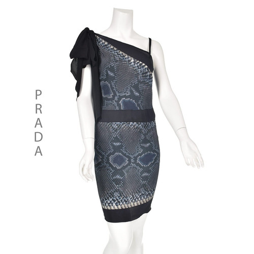 Mini abito PRADA blu seta stampa pelle di serpente schiena senza fiocco spalle TG US4 6