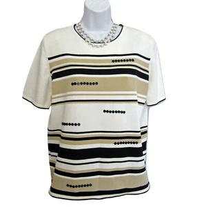 Alfred Dunner Short Sleeve Sweater Size M Cream Black Beige Buttons Spring Light - Picture 1 of 7
