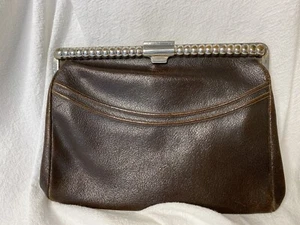 Art Deco 1920s Leather Cow Hide Dark Brown Unique Silver Hardware Clasp Small - Picture 1 of 8