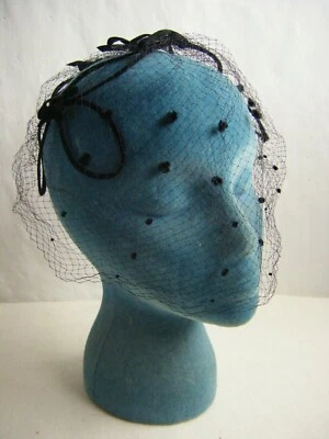 Винтажный 50-60-х черный бархат банты стразы войлок точки петля проводной вуаль шляпа - Изображение 1 из 4