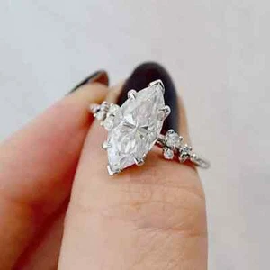 3.26 TCW Marquise Moissanite Solitaire Engagement Ring In 14K White Gold Plated - Picture 1 of 12