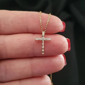 Diamond Cross Necklace, 14k Solid Gold Cross Necklace, Baguette Diamond Pendant - Picture 1 of 5