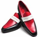 Handmade Black, Red & White Moccasins Funky Dress Slip Ons Leather Shoe for Men