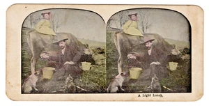 Vintage Stereoview A LIGHT LUNCH, CAT DRINKING MILK FROM COW - Picture 1 of 2