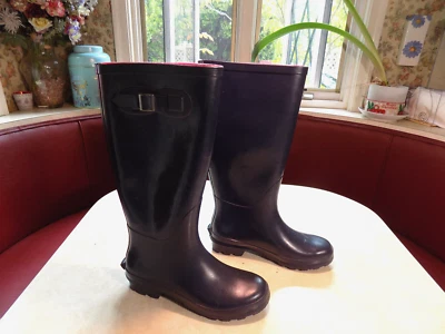 Botas de trabalho azul marinho forro rosa fúcsia borracha joelho alto chuva celeiro lama 7 - Imagem 1 de 4