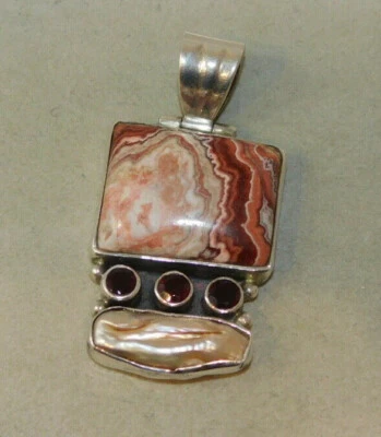 Argento Sterling Rodocrosite Barretta Perla Granato Pietra Slide Ciondolo 23 G - Immagine 1 di 4