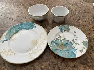 4 piece 222 Fifth Peacock Garden Dinner Plate bread plate, appetizer cereal bowl - Picture 1 of 7