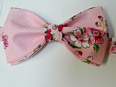 Handmade Mens Bow Tie Handkerchief Pink Floral Polka dot Wedding Prom Gift 4 Him - Image 1 of 4