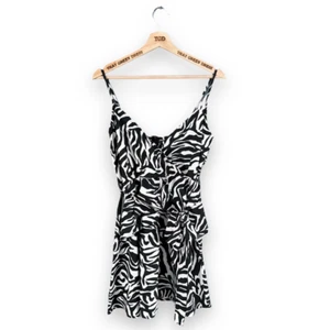 Ladies Boohoo Black White Zebra Print Belted Strappy Summer Dress Size 12 - Picture 1 of 4