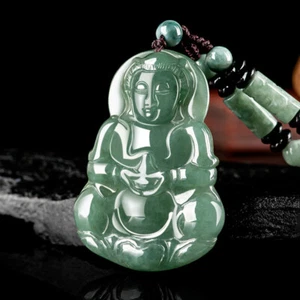 Chinese Natural Emerald Oil Blue “净瓶” Guanyin Jade Pendant “路路通” Rope Necklace - Picture 1 of 5