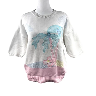 VTG Koret Short Sleeve Sweater Sz L 100% Cotton Palm Trees Vacation Sustainable - Image 1 of 4