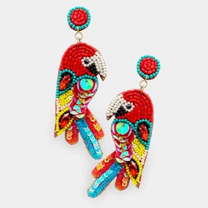 NEW Red Scarlet Macaw Parrot Tropical Bird Multi-Color Sequin Beaded Earrings  - Picture 1 of 1