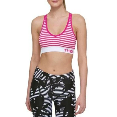 Tommy Hilfiger V-Neck Strappy Medium Impact Sport Bra Large, Pink Stripe #2581 - Image 1 of 4
