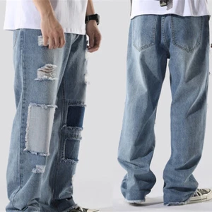 Men Denim Pants Splice Distressed Patchwork Wide Leg Ripped Hip Hop Loose - Picture 1 of 16