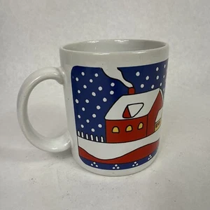 Vintage 80s Christmas Holiday Coffee Mug Cup MCM Styling Santa Snow House Japan - Picture 1 of 18